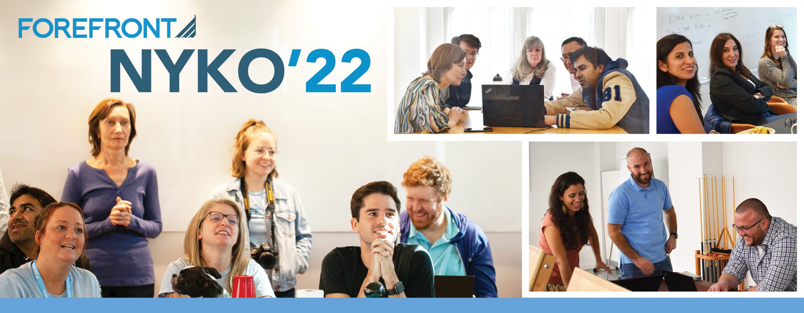 A blue banner with the text "ForeFront NYKO'22". There is a collage of four different group photos, showing colleagues celebrating together.