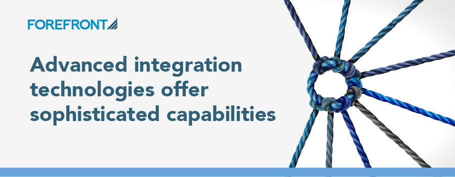 A banner image with the text "ForeFront - Advanced integration technologies offer sophisticated capabilities". The color scheme is blue, there is a rope graphic to the right.