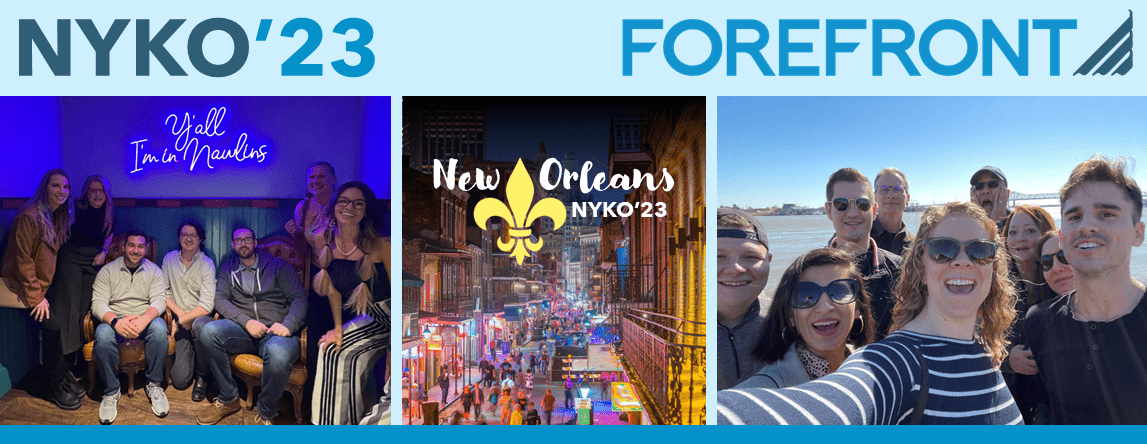 A banner image with the text "NYKO'23 ForeFront". There are 3 photos in a collage: A group photo, a photo of Bourbon Street in New Orleans, and a group selfie.
