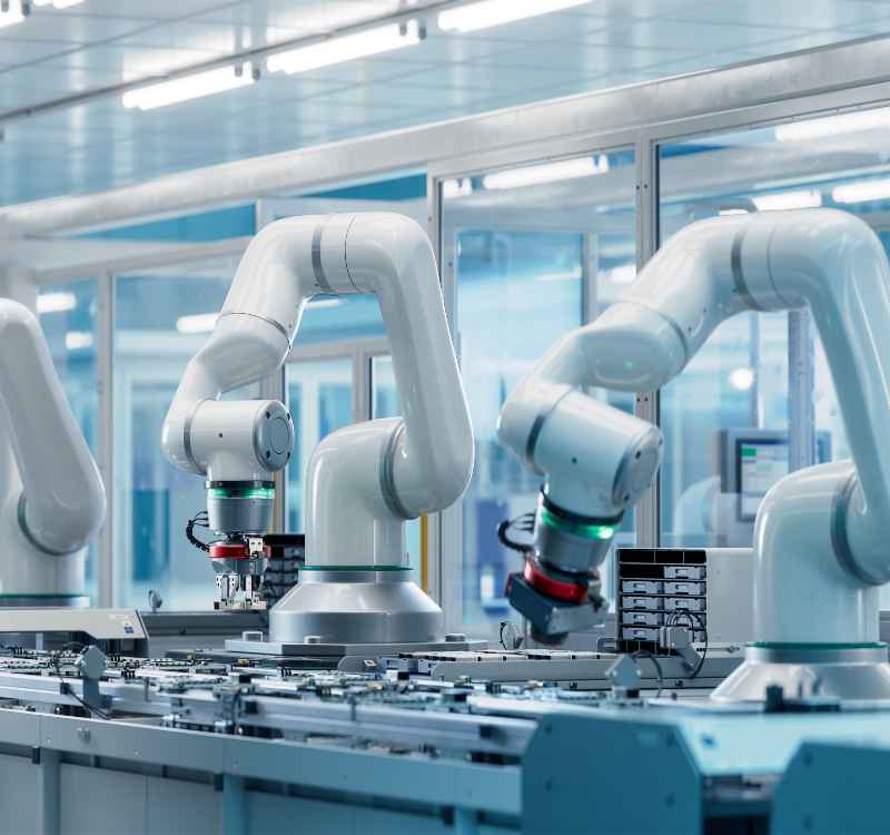 White colored robot arms in a factory line.