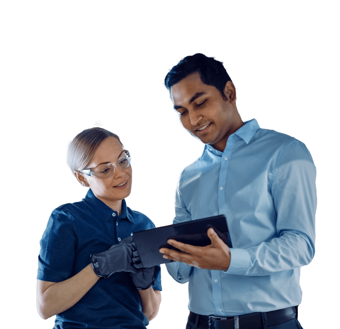 Salesman and woman technician looking at car on iPad