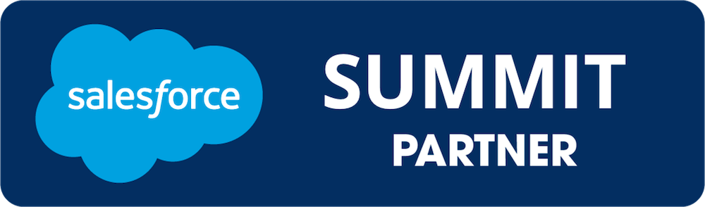 An dark blue rectangular icon. On the lefthand side, the Salesforce logo - a lighter blue cloud that says "Salesforce". On the right, white text reads "Summit Partner".