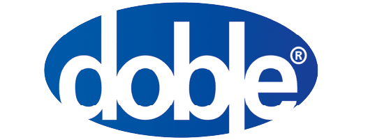 A blue icon with white text that says doble.