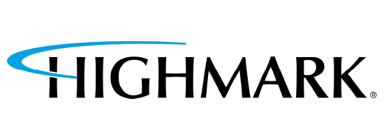 A logo for the company Highmark, with the name in black text and a blue curve over the H.