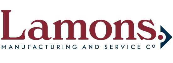 A red and blue logo for the company Lamons Manufacturing and Service Co.