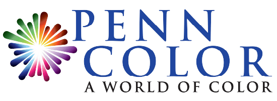 The logo for Penn Color features the text "PENN COLOR" in large, blue capital letters. Below this text, the tagline "A WORLD OF COLOR" is written in smaller capital letters. To the left of the text is a vibrant, multicolored burst design, resembling a radial array of color swatches, showcasing a spectrum from green to purple.