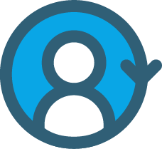 A blue circular icon with an arrow on the right hand side. Inside of the icon, there is a simple outline of a person.