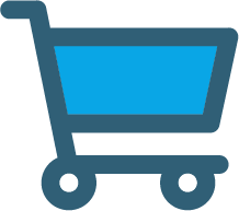 A blue shopping cart icon with two wheels. The outline is a darker blue.