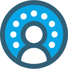 A circular icon with the outline of a person in the middle. The circle and the person are outlined in dark blue. There are nine white dots inside of the circle surrounding the outline of the person.