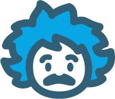 An icon of a man with wild hair who looks similar to Albert Einstein. The icon is outlined in dark blue, the hair is light blue, and the face is white.
