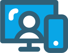An icon of a computer screen and smartphone, with dark blue, light blue, and white coloring. The computer displays a simple outline of a person.