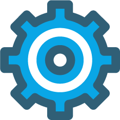 A blue gear icon. The icon is outlined in a dark blue, with a lighter blue and white center that looks similar to a bullseye.