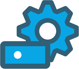 A blue icon meant to represent Salesforce Revenue Cloud, with a gear and rectangle, outlined in dark blue.