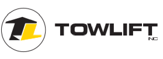 A logo for the company Towlift, Inc., in black Text. There is a smaller logo on the left in black and yellow that says "TL".