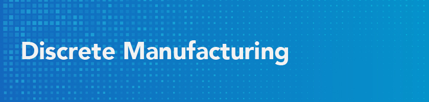 Title discrete manufacting in white text over blue gradient background and a light blue square pattern