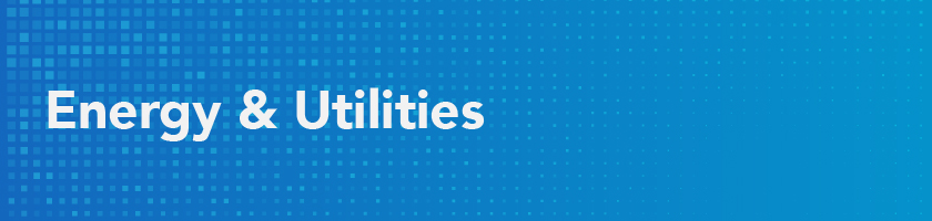 Title energy and utilities in white text over blue gradient background and a light blue square pattern