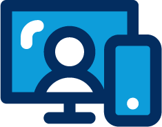 ExperienceCloud Blue icon showing a person on a computer monitor with a smartphone in front, representing digital user experience or multi-device connectivity.