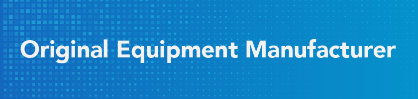 Title original equipment manufacturing in white letters over a gradient blue background and light blue square pattern