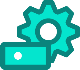 Rev_CPQ Teal gear icon with a rectangular block featuring a white dot in the foreground, symbolizing configuration, pricing, and quoting processes in a business or software context.
