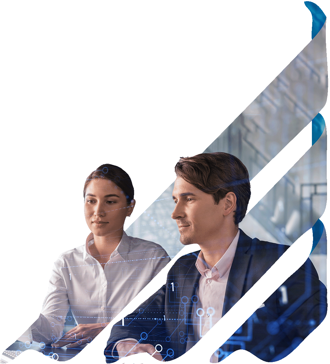 SF_Solutions – Hero Businessman and businesswoman in formal wear working together to optimize business process by applying new technologies. Hi tech holograms over modern office background with panoramic windows