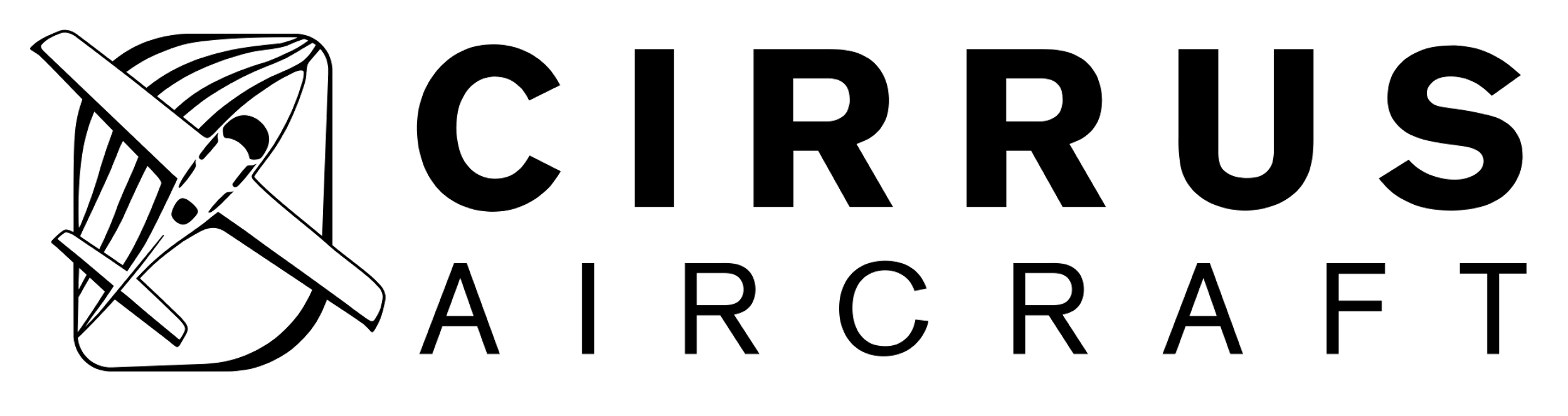 Black text that reads Cirrus Aircraft with a plane icon to the left in black outline