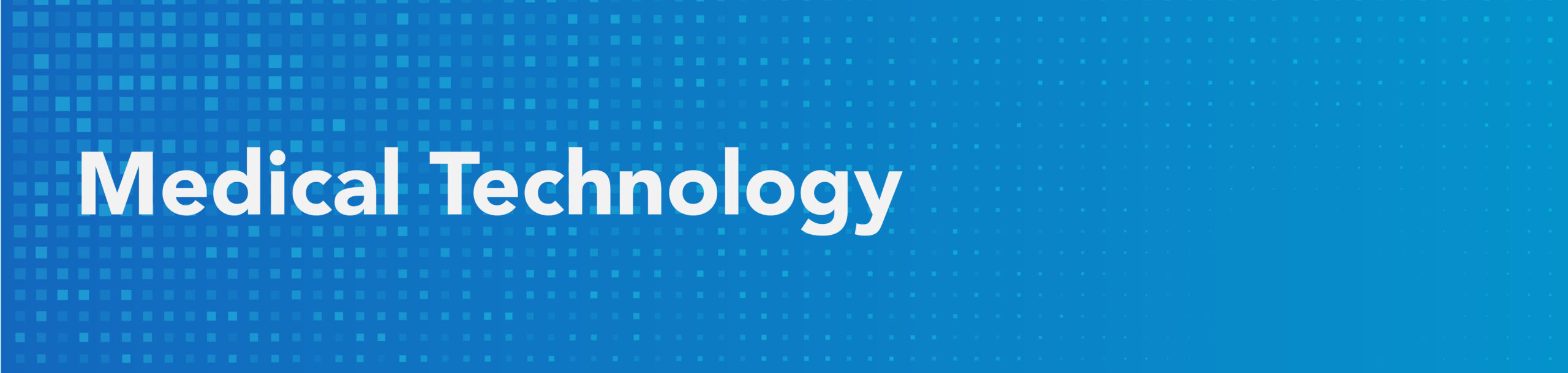 Title medical technology in white text over blue gradient background and a light blue square pattern